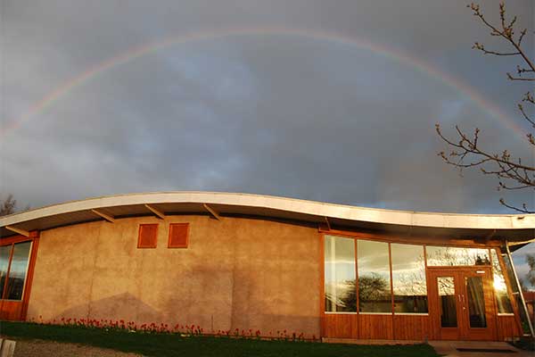 The main meditation hall under the Herefordshire sky.